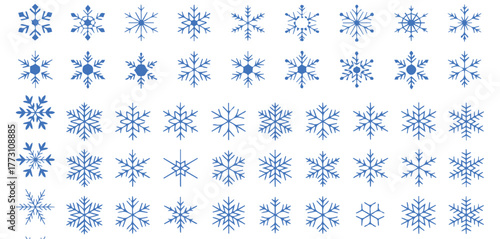 Large Vector Set of Blue Snowflakes: Diverse Winter Elements for Christmas Cards, Seasonal Backgrounds, and Frosty Graphic Design