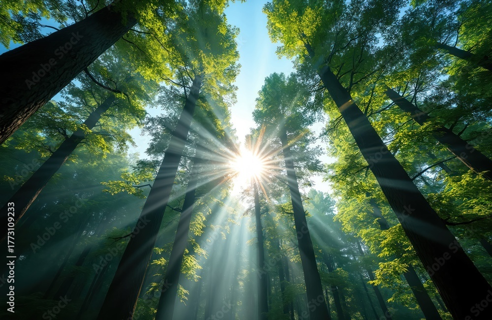 Obraz premium Sunlight beams through green forest canopy. Tall trees create deep shade and rays of light pierce misty air. Peaceful woodland nature scene, serene morning atmosphere.