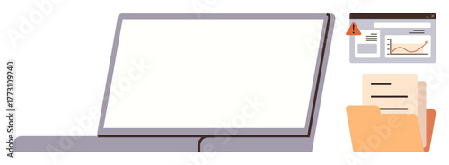 Laptop with blank screen, error alert, chart interface, and file folder. Ideal for productivity, organization, analysis, troubleshooting, digital communication tech issues simple flat metaphor