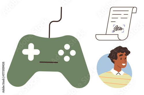 Gaming controller connected by a cord, signed document symbolizing agreements, smiling person emphasizing harmony. Ideal for gaming, contracts, user consent, digital interaction, fun, community