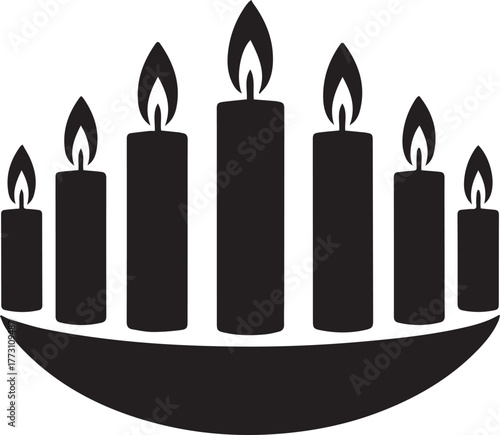 Black silhouette of seven lit candles in a curved holder