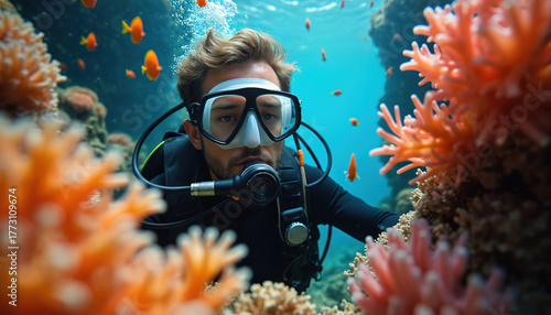 Fototapeta Naklejka Na Ścianę i Meble -  Scuba diver explores coral reef, colorful fish swim around him in clear blue ocean water. Man wears mask, snorkel, oxygen tank for deep sea adventure.