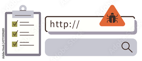 Web address in search bar flagged with warning sign and virus icon, accompanied by checklist of tasks. Ideal for cybersecurity, risk management, internet safety, malware detection, online threats
