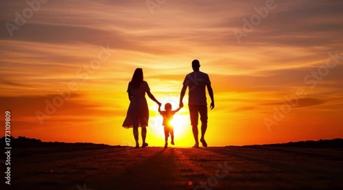 Silhueta de casal de mãos dadas com uma criança, caminhando em direção ao sol. Amor e união familiar.