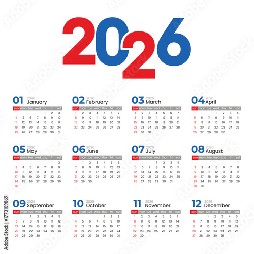 Calendar 2026 template, week starts on sunday, vector illustration twelve months yearly calendar set in 2026