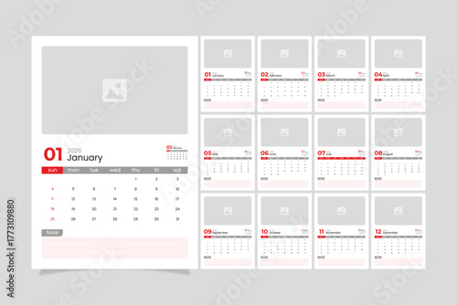 2026 calendar template design with photo frame, week starts on sunday, vector illustration twelve months yearly calendar set