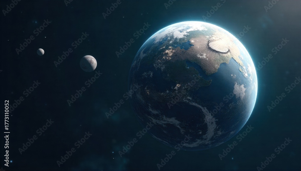 Obraz premium A tiny planet sculpted from stacked parchment scrolls, adrift in a tranquil, starlit void, suggesting ancient knowledge. A miniature planet formed from tightly stacked, aged parchment scrolls, their