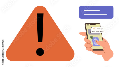 Warning triangle with exclamation mark alongside hand holding smartphone displaying code for two-factor authentication. Ideal for cybersecurity, online safety, verification, alerts, secure login
