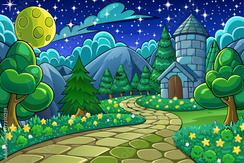 A starry night over a peaceful green landscape, where a stone path leads to distant buildings. Moonlight dances softly across the peaceful landscape.