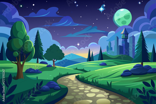 A starry night over a peaceful green landscape, where a stone path leads to distant buildings. Moonlight dances softly across the peaceful landscape.