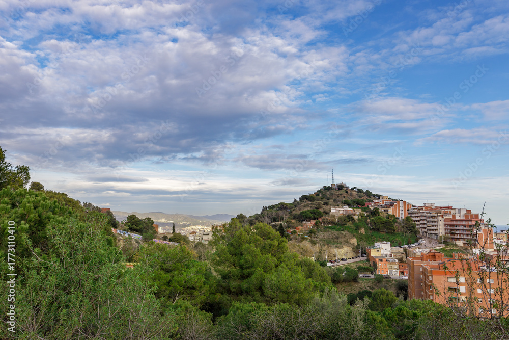 Obraz premium View of a city with a hill in the background