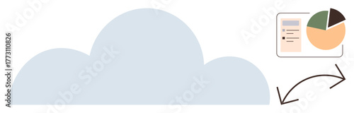 Large cloud shape linked with pie chart, checklist, and arrows highlighting data exchange. Ideal for technology, data storage, application integration, digital solutions, file sharing, analytics