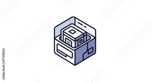 Abstract isometric representation of a 3D printer creating a cube.