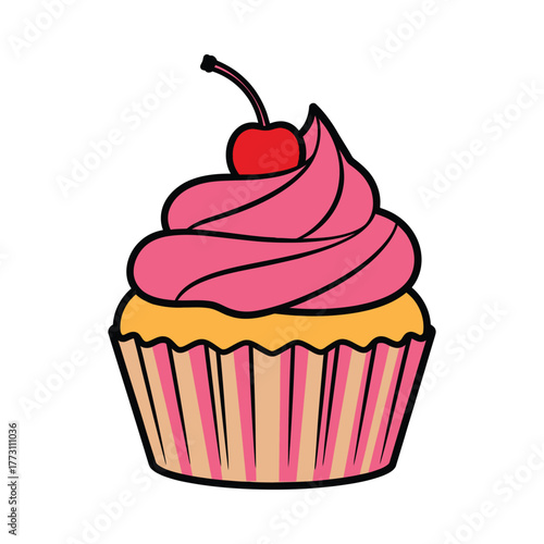 'Cartoon cupcake with pink frosting and cherry on top'