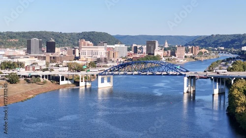 Wallpaper Mural South Charleston City Skyline Over Kanawha River With Kanawha River Bridge and South Side Bridge, Downtown, And Hills In Distance Torontodigital.ca