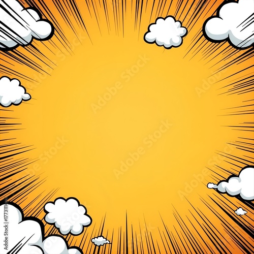 Vector cartoon superhero background featuring motion effects, clouds, and empty speech bubbles on a vibrant orange backdrop — designed with superpower speed lines, anime-style framing