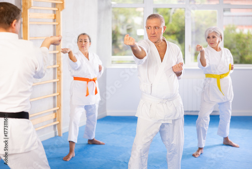 Photography Diligent old man attendee of karate classes practicing kata standing in row with
