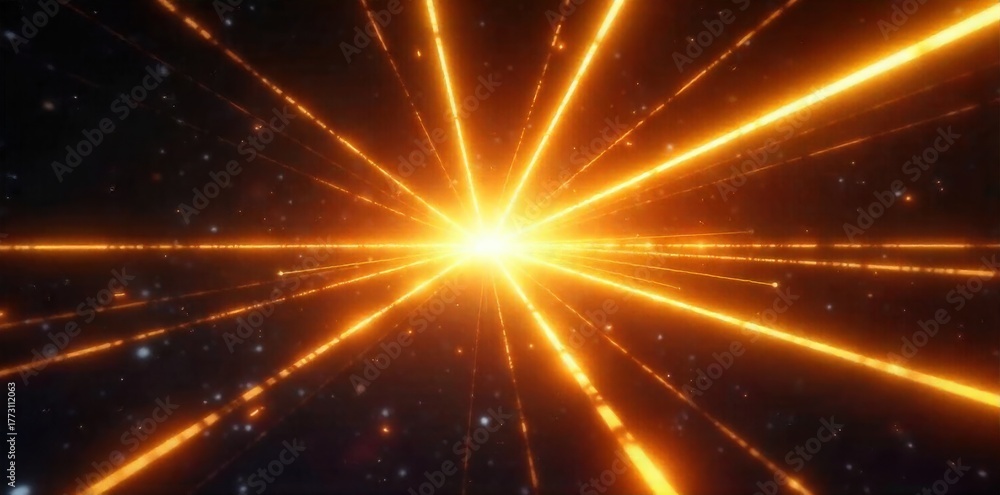 Fototapeta premium Stylized, bright light beams radiating from a central point, symbolizing innovation and ideas. Abstract 3D render of bright, stylized light beams radiating outwards from a central point against a