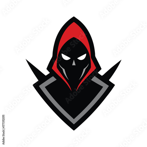 Assassin Mascot Logo Design Dark Hooded Skull Character with Red Cloak and Dagger