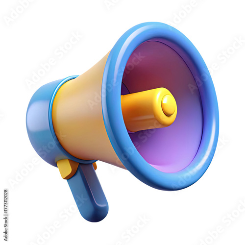 Stylized 3d rendered cartoon megaphone with blue rim and yellow horn isolated on transparent background