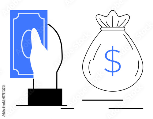 Hand holding a bill and a tied dollar bag symbolizing investment, wealth, saving, budgeting, payment, income, and banking. Ideal for finance, economy business trade profit and simple flat