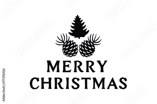 Merry Christmas Typography Vector Illustration with Pine Cones and Tree Silhouette
