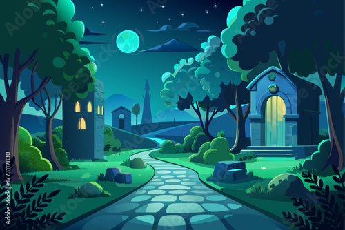In the dark and quiet night, a green space with a cobbled entrance can be seen in the foreground, at the end of which, distant buildings shine under the moonlight and stars.