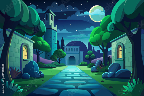 In the dark and quiet night, a green space with a cobbled entrance can be seen in the foreground, at the end of which, distant buildings shine under the moonlight and stars.