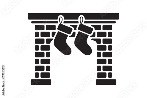 Two christmas stockings hanging from a brick fireplace mantel