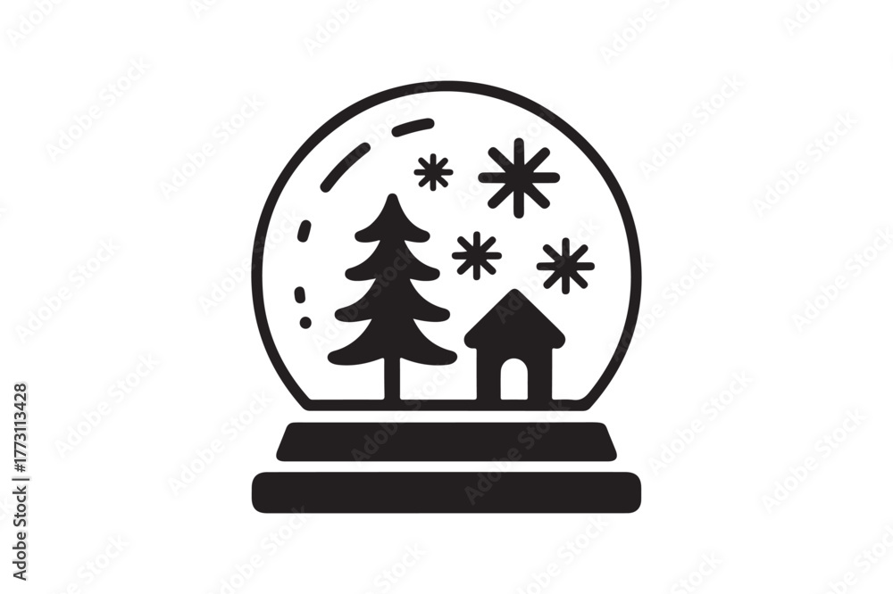 Obraz premium Simple black and white icon of a snow globe with a tree and house
