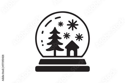 Simple black and white icon of a snow globe with a tree and house