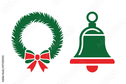 Christmas wreath and bell icon set