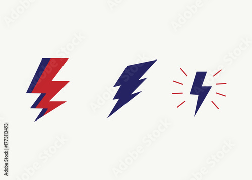 Set of minimalist  lightning bolt vector icons with varied styles, symbolizing energy, power, or electricity