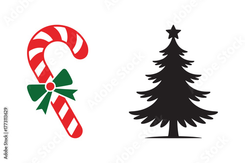 Christmas candy cane and silhouette tree on white background