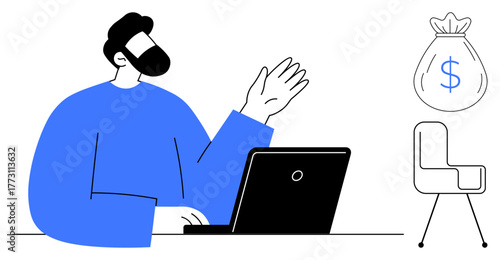 Bearded man gestures while working on laptop, emphasizing money bag and office chair. Ideal for professionalism, finance, consultation, planning, strategy, business growth decision-making. Simple