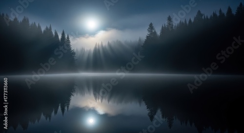 Wallpaper Mural Ethereal Moonlight Rays Piercing Through Dense Morning Fog Above a Serene Mountain Lake, Reflecting Silhouetted Evergreen Trees in a Misty, Tranquil Landscape Torontodigital.ca