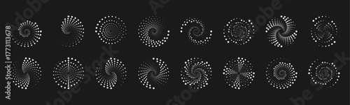 Large set of halftone dots in the shape of a circle on a black background. Dotted circle, vintage abstract dot halftones frames and random dots circles. Spiral Vector Illustration.	