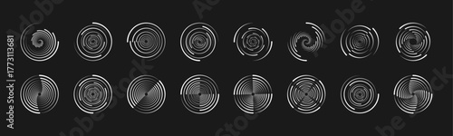 Large set of halftone dots in the shape of a circle on a black background. Dotted circle, vintage abstract dot halftones frames and random dots circles. Spiral Vector Illustration.	