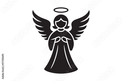 Stylized black silhouette of an angel with halo and wings