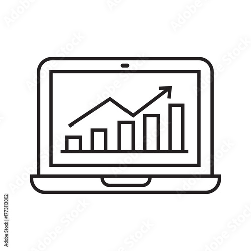 Outline laptop millionaire chart vector icon for web design isolated on white background. Laptop with Graph Icon Representing Data Analysis and Business Intelligence. stock news icon, stock news line