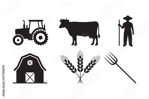 Farm icons silhouette collection featuring tractor barn cow farmer wheat and pitchfork