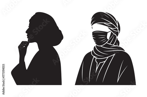 Silhouette of two women one masked one thinking