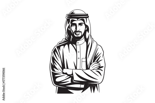 Black and white sketch of a man in traditional middle eastern attire