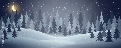 Winter night forest landscape with pine trees and crescent moon. Snowy woodland scene with falling snow for Christmas and New Year holiday background design