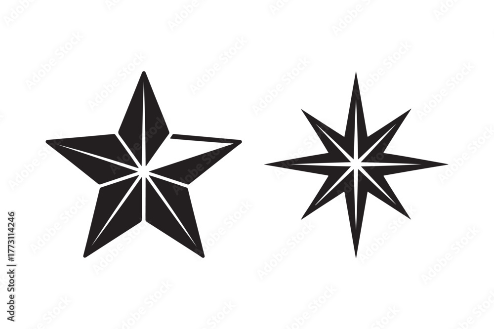 Obraz premium Two black star designs one five pointed and one eight pointed