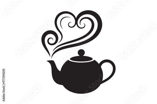 Black silhouette of a teapot with heart shaped steam