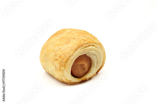 Single hot dog crescent bite isolated on white background
