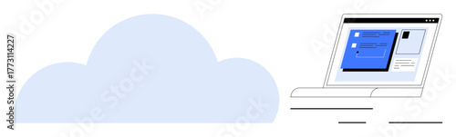 Cloud and laptop with open digital interface representing workflow and remote file access. Ideal for technology, cloud computing, remote work, data storage, IT services, digital collaboration