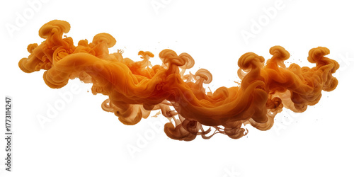 Orange color paint splash ink cloud liquid in water isolated transparent . Powerful cloud explosion, orange color spreads aggressively