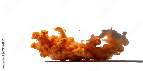 Orange color paint splash ink cloud liquid in water isolated transparent . Powerful cloud explosion, orange color spreads aggressively
